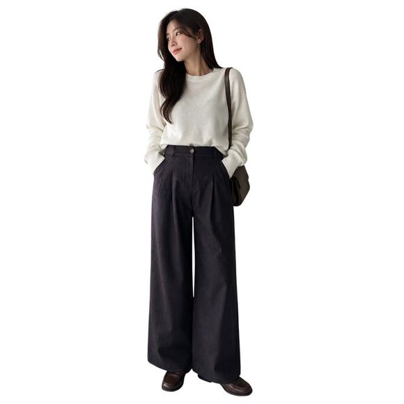 Hot fashion Pants - Women’s Wide Leg Pleated Pants Dark Gray Navy High Waist Trousers Large